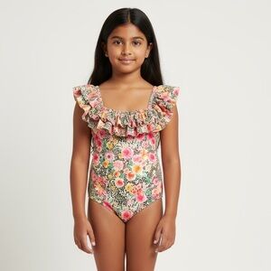 Mia Belle Girls 7/8 Youth swimsuit. NWT. One piece ruffle top. Pink flor…